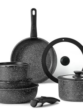 CAROTE 11pcs Nonstick Cookware Set With Detachable Handle, Jet Black